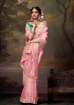 Thumbnail for Monjolika Fashion Organza Embroidered Thread Work Light Pink Trendy Saree - Distacart