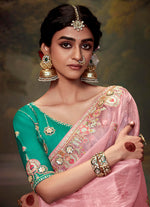 Thumbnail for Monjolika Fashion Organza Embroidered Thread Work Light Pink Trendy Saree - Distacart