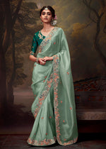 Thumbnail for Monjolika Fashion Organza Embroidered Thread Work Turquoise Designer Saree - Distacart