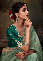 Thumbnail for Monjolika Fashion Organza Embroidered Thread Work Turquoise Designer Saree - Distacart