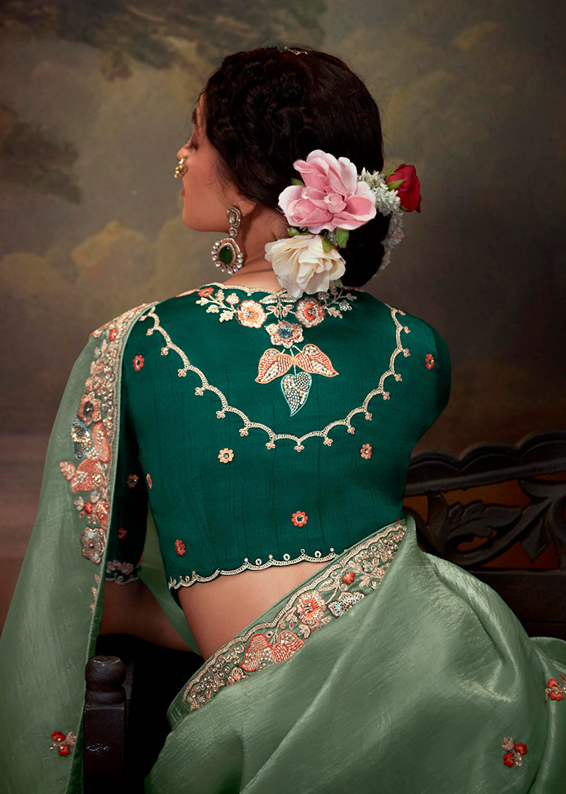 Monjolika Fashion Organza Embroidered Thread Work Turquoise Designer Saree - Distacart