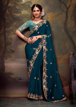 Thumbnail for Monjolika Fashion Embroidered Thread Work Organza Dark Teal Classic Saree - Distacart