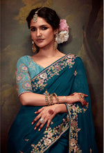 Thumbnail for Monjolika Fashion Embroidered Thread Work Organza Dark Teal Classic Saree - Distacart