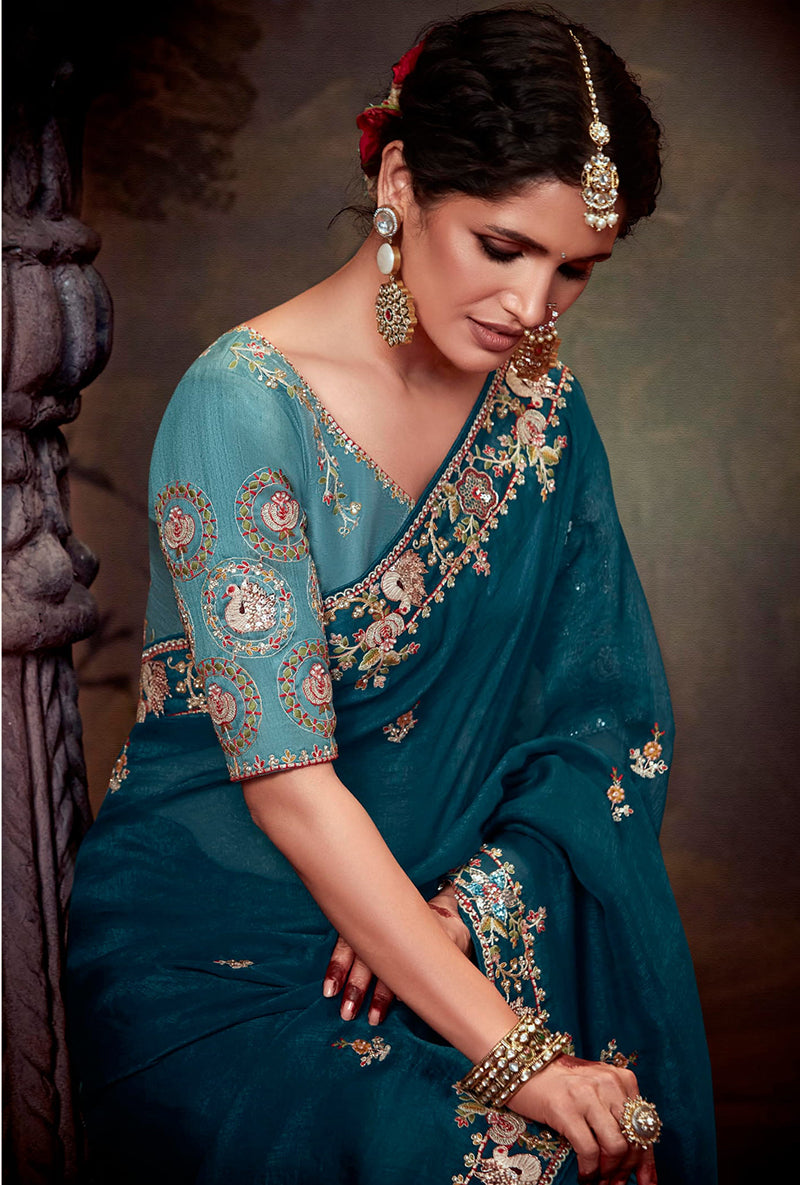 Monjolika Fashion Embroidered Thread Work Organza Dark Teal Classic Saree - Distacart