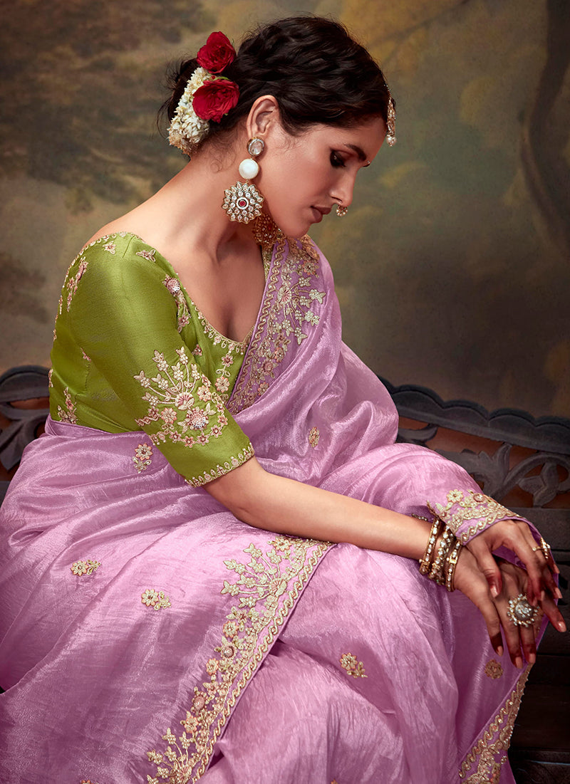 Monjolika Fashion Organza Embroidered Thread Work Mauve Contemporary Saree - Distacart