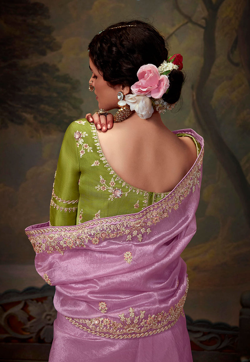 Monjolika Fashion Organza Embroidered Thread Work Mauve Contemporary Saree - Distacart