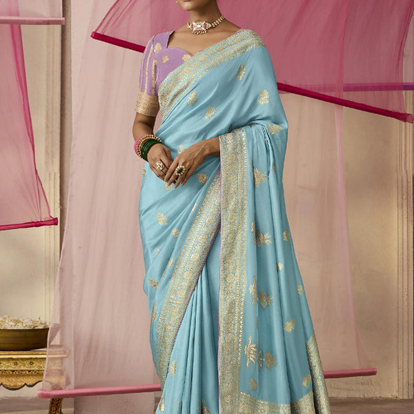 Monjolika Fashion Aqua Blue Weaving Viscose Floral Printed Classic Saree - Distacart