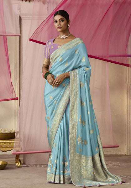 Monjolika Fashion Aqua Blue Weaving Viscose Floral Printed Classic Saree