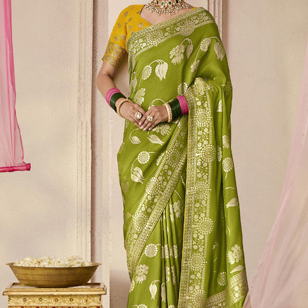Monjolika Fashion Viscose Weaving Floral Printed Contemporary Saree In Green - Distacart