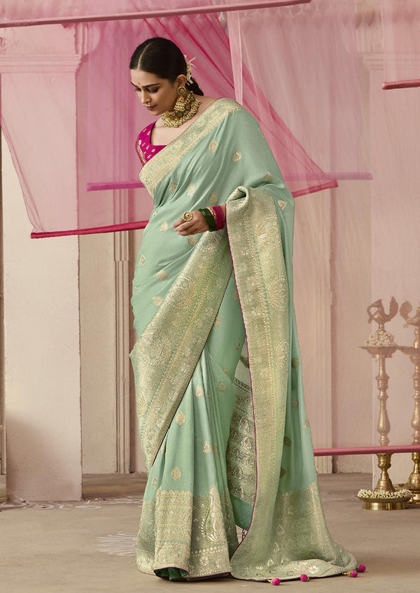 Monjolika Fashion Viscose Weaving Floral Printed Sea Green Traditional Saree