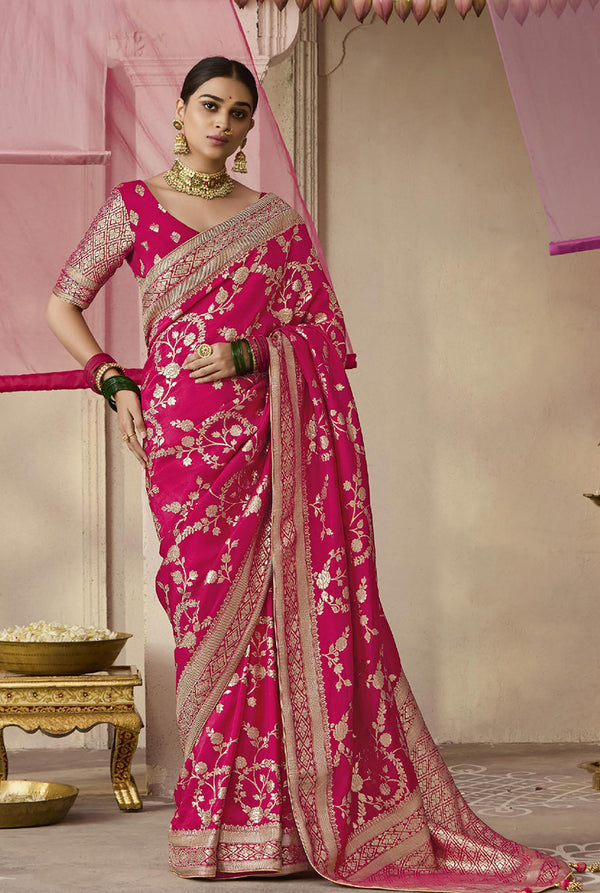 Monjolika Fashion Rani Pink Viscose Weaving Floral Printed Trendy Saree
