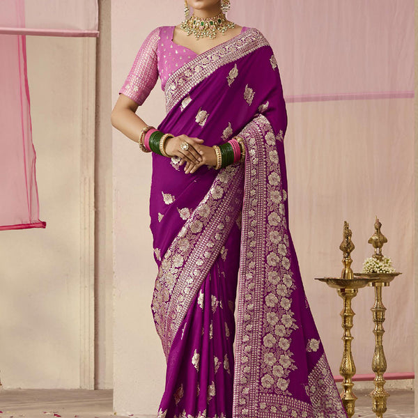 Monjolika Fashion Purple Viscose Weaving Floral Printed Contemporary Saree - Distacart