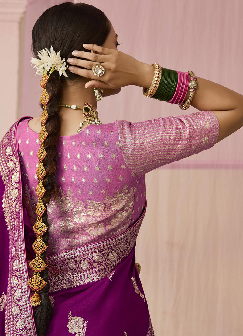 Monjolika Fashion Purple Viscose Weaving Floral Printed Contemporary Saree