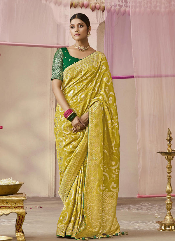 Monjolika Fashion Viscose Light Olive Weaving Floral Printed Trendy Saree