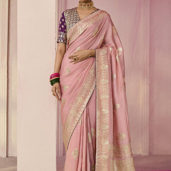 Monjolika Fashion Light Pink Weaving Floral Printed Viscose Designer Saree - Distacart