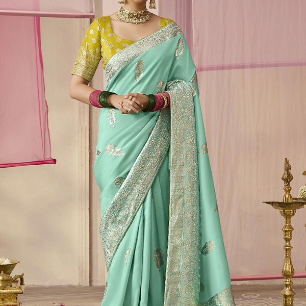 Monjolika Fashion Weaving Floral Printed Viscose Classic Saree In Aqua Blue - Distacart