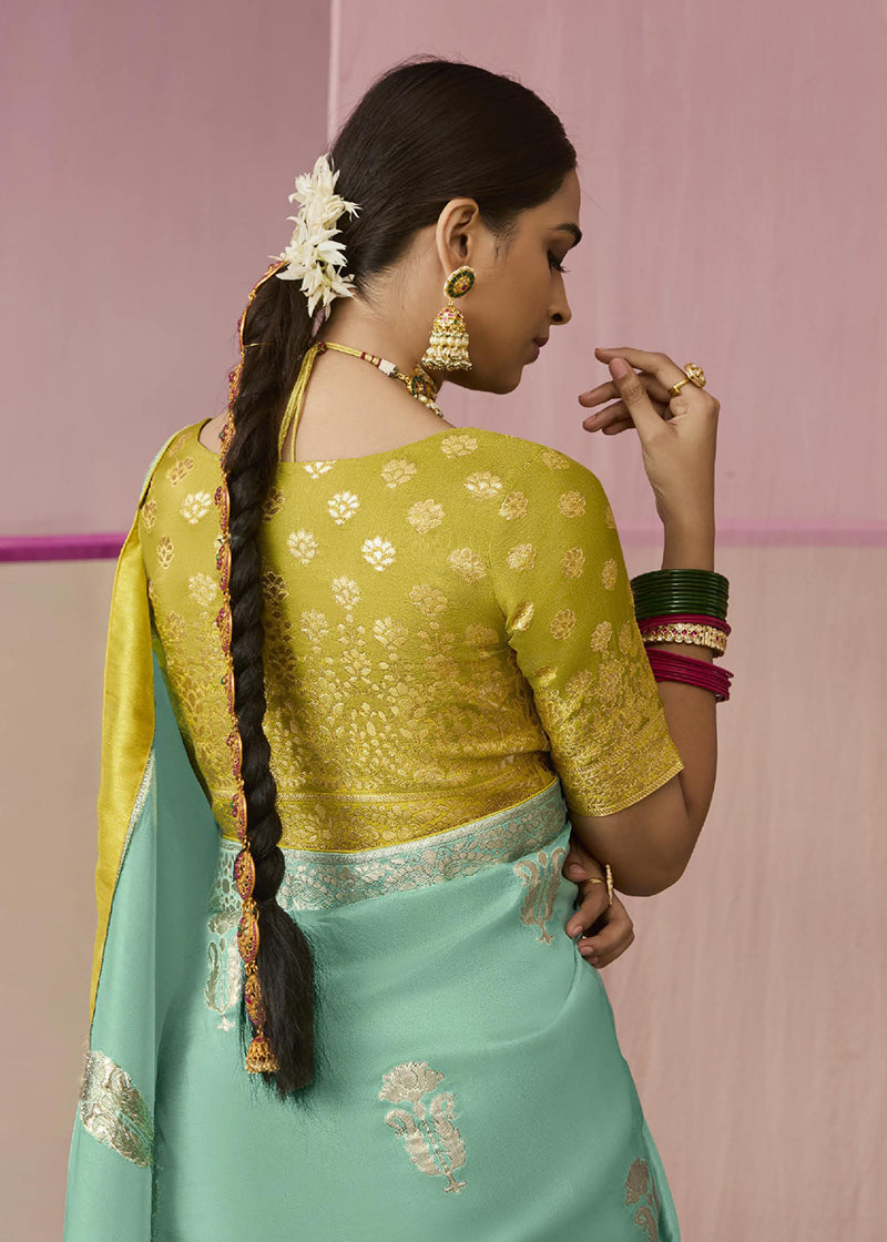 Monjolika Fashion Weaving Floral Printed Viscose Classic Saree In Aqua Blue