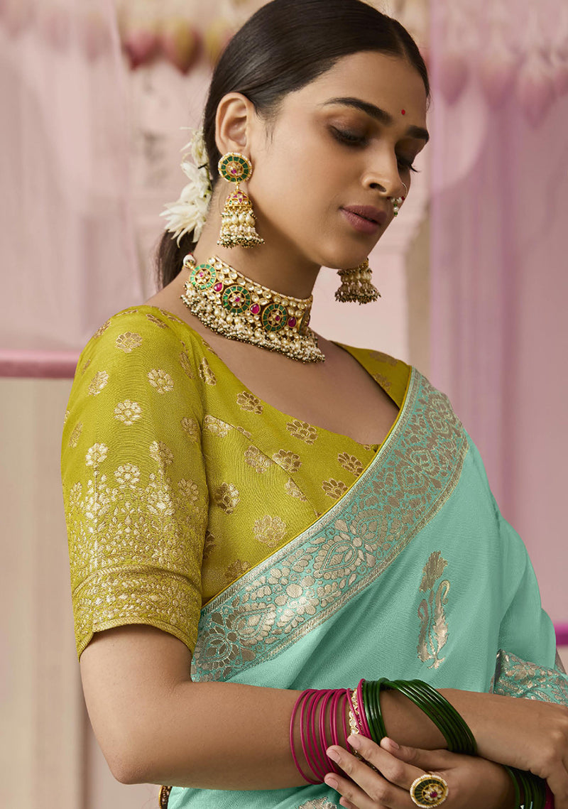 Monjolika Fashion Weaving Floral Printed Viscose Classic Saree In Aqua Blue