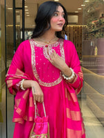 Thumbnail for The52 Rani Women's Gorgeous Embroidered Work Chanderi Fabric Flared Kurta Pant and Dupatta Set - Distacart
