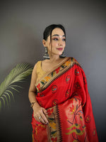 Thumbnail for Joban Fashion Red Paithani Soft Silk Meenakari Saree