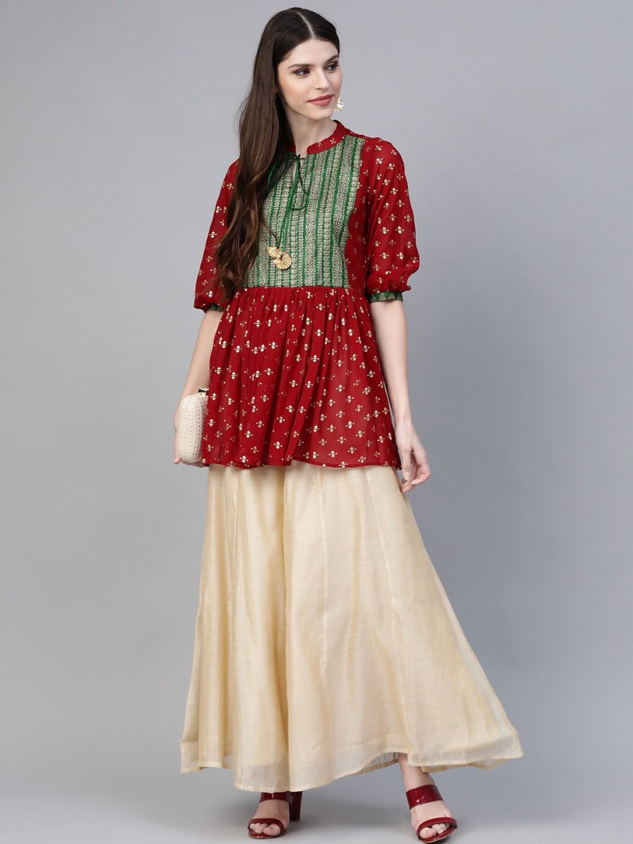 Ahalyaa Women's Maroon & Green Printed A-Line Kediya Tunic