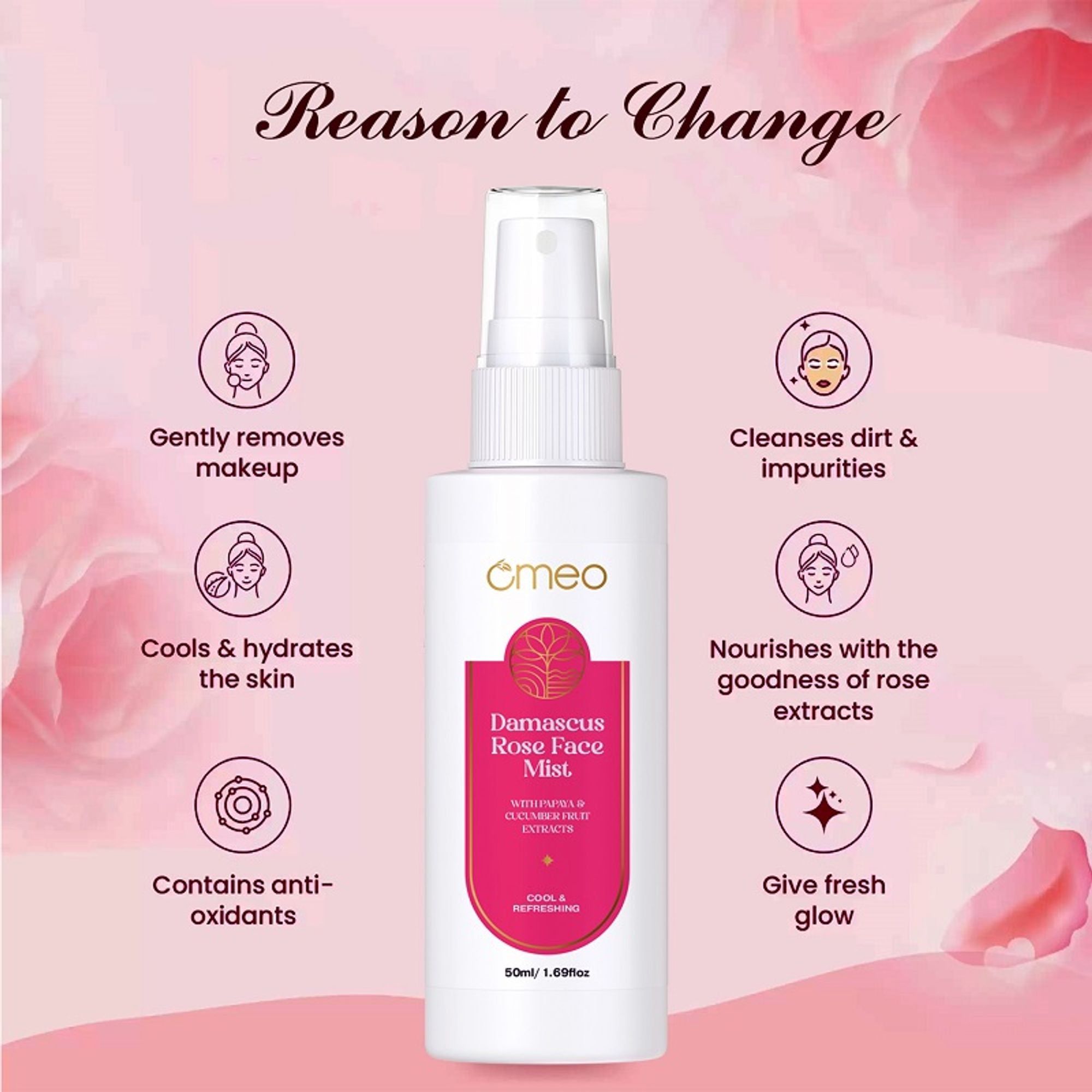 Omeo Damascus Rose Face Mist With Papaya & Cucumber Extract - Cool & Refershing - Dista