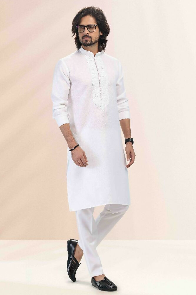 Raivat Ethnic Linen Cotton Pintux Work Kurta Pajama In Off White Colour - Dista