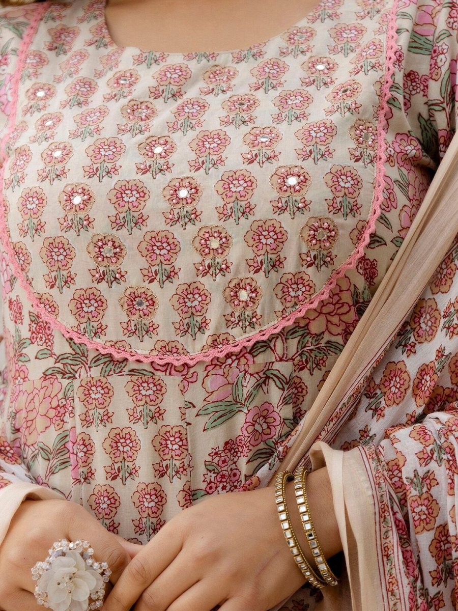 Anouk Floral Printed Empire Mirror Work Pure Cotton Kurta with Trousers & Dupatta - Distacart