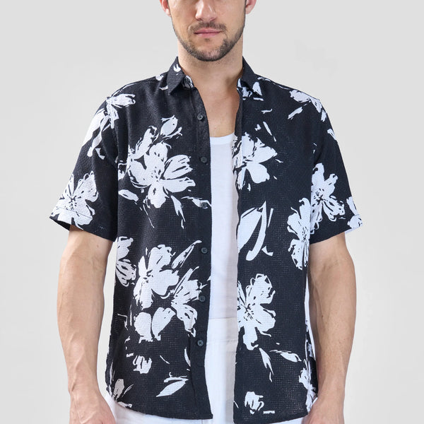 Xkind Black Floral Printed Textured Regular Fit Shirt