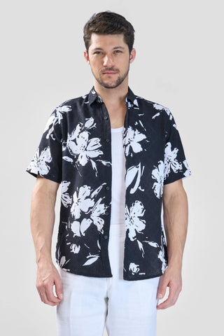 Xkind Black Floral Printed Textured Regular Fit Shirt