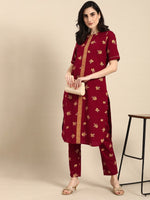 Thumbnail for All About You Women Maroon & Mustard Yellow Floral Printed Pure Cotton Kurta with Trousers - Distacart