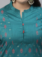 Thumbnail for Sztori Plus Size Floral Foil Printed Mandarin Collar Straight Kurta with Trousers - Distacart