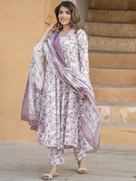 Thumbnail for Kalini Floral Printed V-Neck Thread Work Anarkali Cotton Kurta with Trousers & Dupatta - Distacart