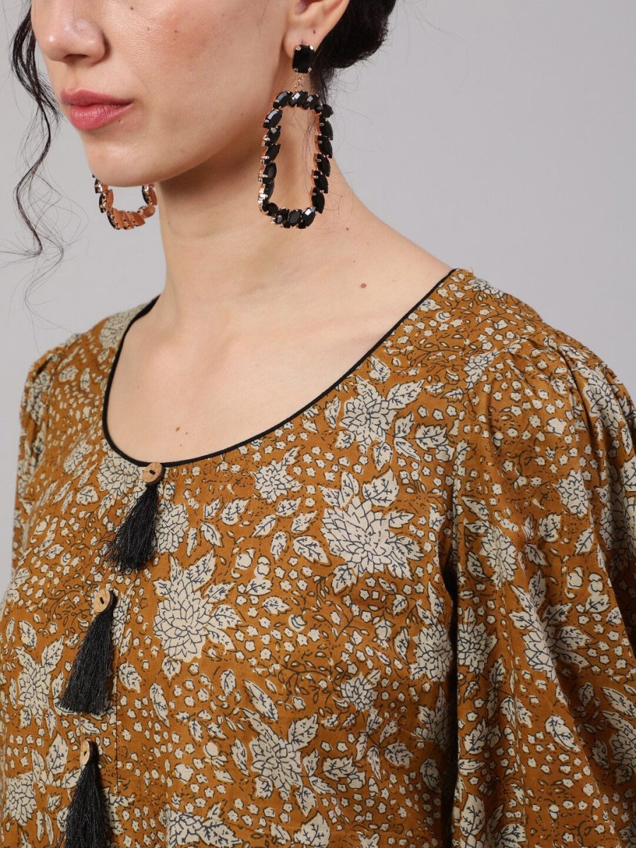 Aks Floral Printed Puff Sleeves Cotton Anarkali Kurta - Distacart