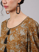 Thumbnail for Aks Floral Printed Puff Sleeves Cotton Anarkali Kurta - Distacart