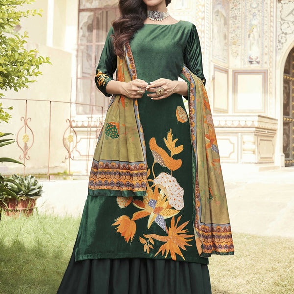 Jyoti Fashion Women's Green Velvet Floral Digital Printed Kurta with Trouser & Dupatta - Distacart