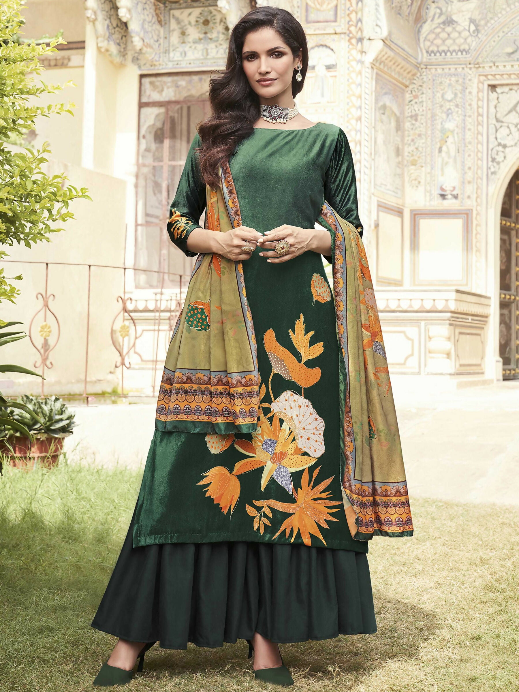 Jyoti Fashion Women's Green Velvet Floral Digital Printed Kurta with Trouser & Dupatta - Distacart