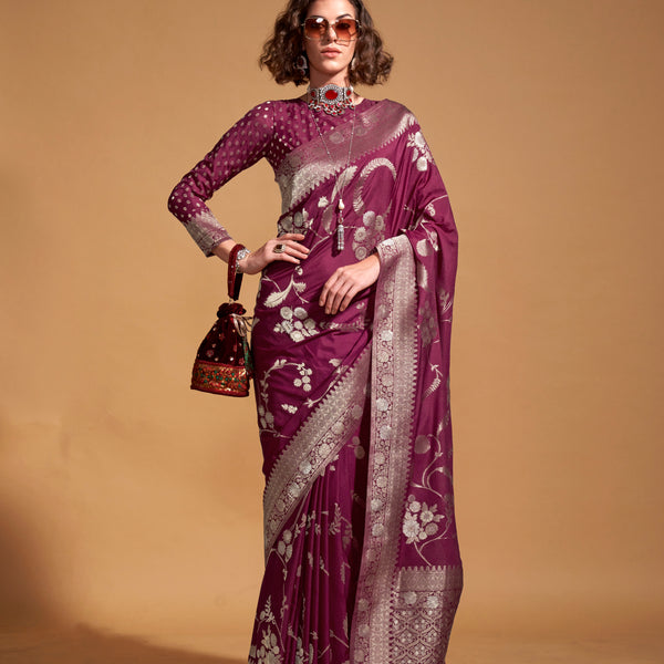 Monjolika Fashion Wine Silk Weaving Designer Traditional Saree - Distacart