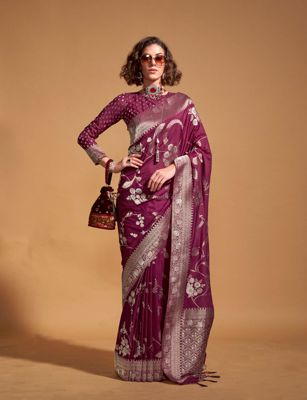 Monjolika Fashion Wine Silk Weaving Designer Traditional Saree