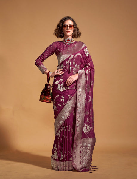 Monjolika Fashion Wine Silk Weaving Designer Traditional Saree