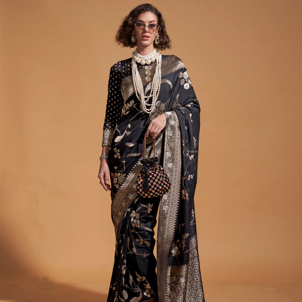Monjolika Fashion Black Silk Weaving Designer Traditional Saree - Distacart