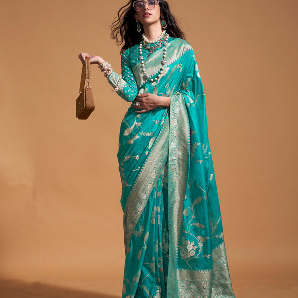 Monjolika Fashion Aqua Blue Silk Weaving Designer Traditional Saree - Distacart