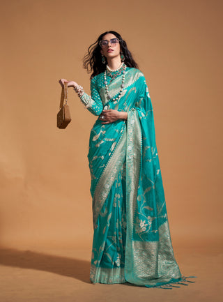 Monjolika Fashion Aqua Blue Silk Weaving Designer Traditional Saree