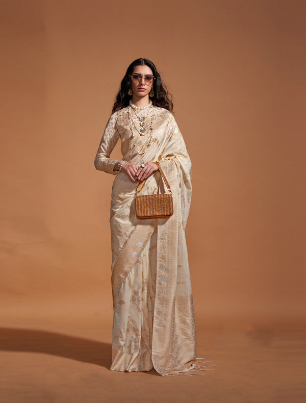 Monjolika Fashion Cream Silk Weaving Designer Traditional Saree