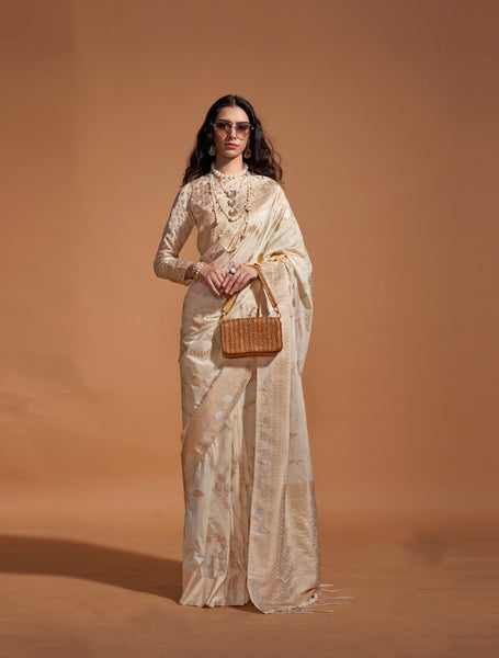 Monjolika Fashion Cream Silk Weaving Designer Traditional Saree