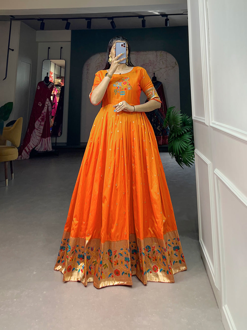 Lorenvalley Orange Jacquard Silk Paithani Woven Design Gown - Distacart