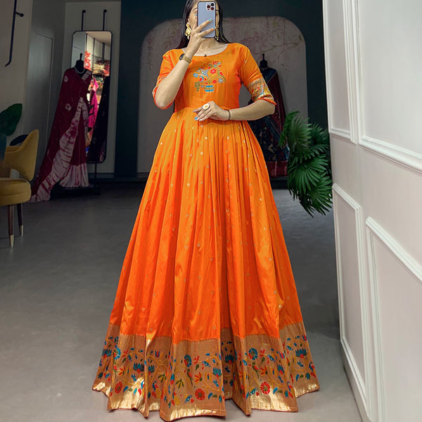 Lorenvalley Orange Jacquard Silk Paithani Woven Design Gown - Distacart