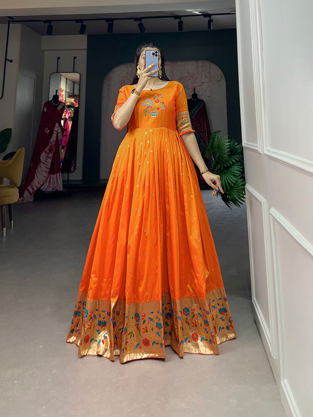 Lorenvalley Orange Jacquard Silk Paithani Woven Design Gown - Distacart
