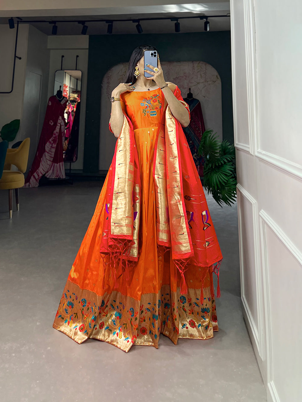 Lorenvalley Orange Jacquard Silk Paithani Woven Design Gown with Dupatta - Distacart