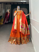 Thumbnail for Lorenvalley Orange Jacquard Silk Paithani Woven Design Gown with Dupatta